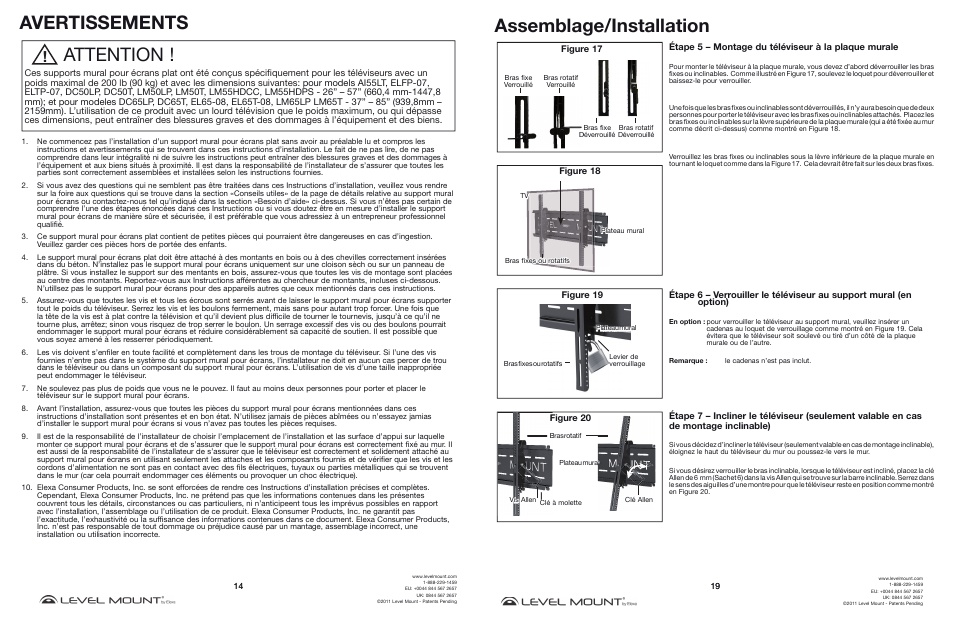 Avertissements, Attention, Assemblage/installation | Étape 5 – montage du téléviseur à la plaque murale, Figure 18 | Level Mount DC65T User Manual | Page 14 / 16