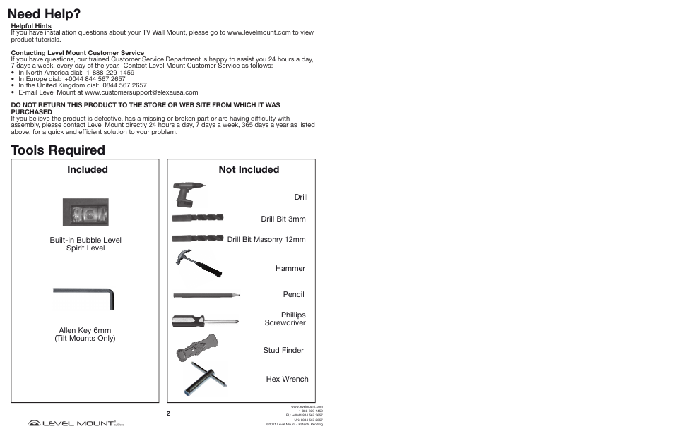 Need help, Tools required, Included | Not included | Level Mount DC65T User Manual | Page 2 / 16