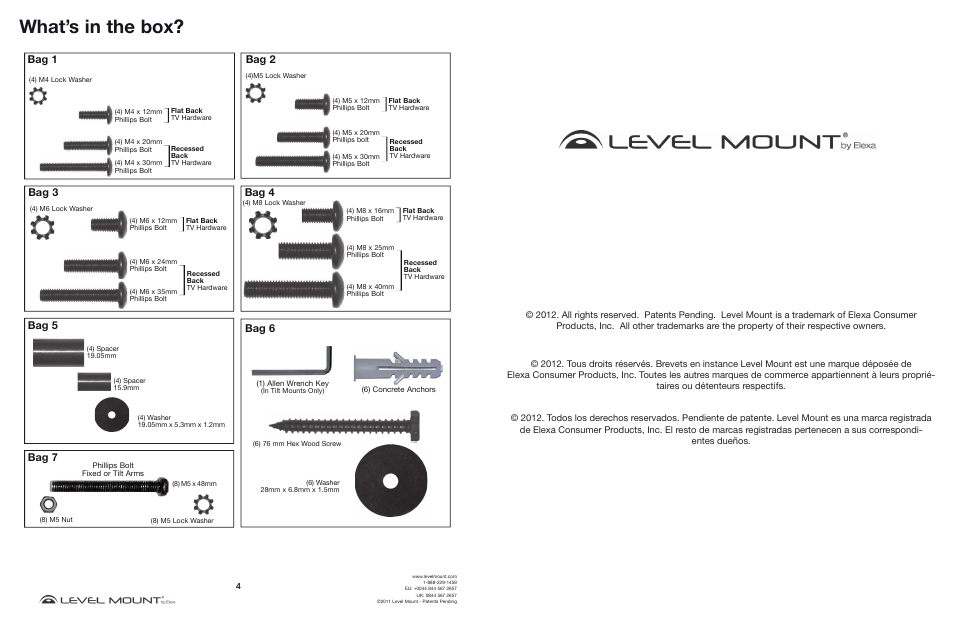 What’s in the box, Bag 6, Bag 1 | Bag 2, Bag 3, Bag 7, Bag 4, Bag 5 | Level Mount DC65T User Manual | Page 4 / 16