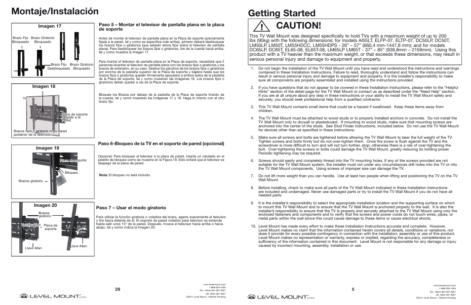 Montaje/instalación, Caution! getting started, Paso 7 – usar el modo giratorio | Level Mount DC65T User Manual | Page 5 / 16