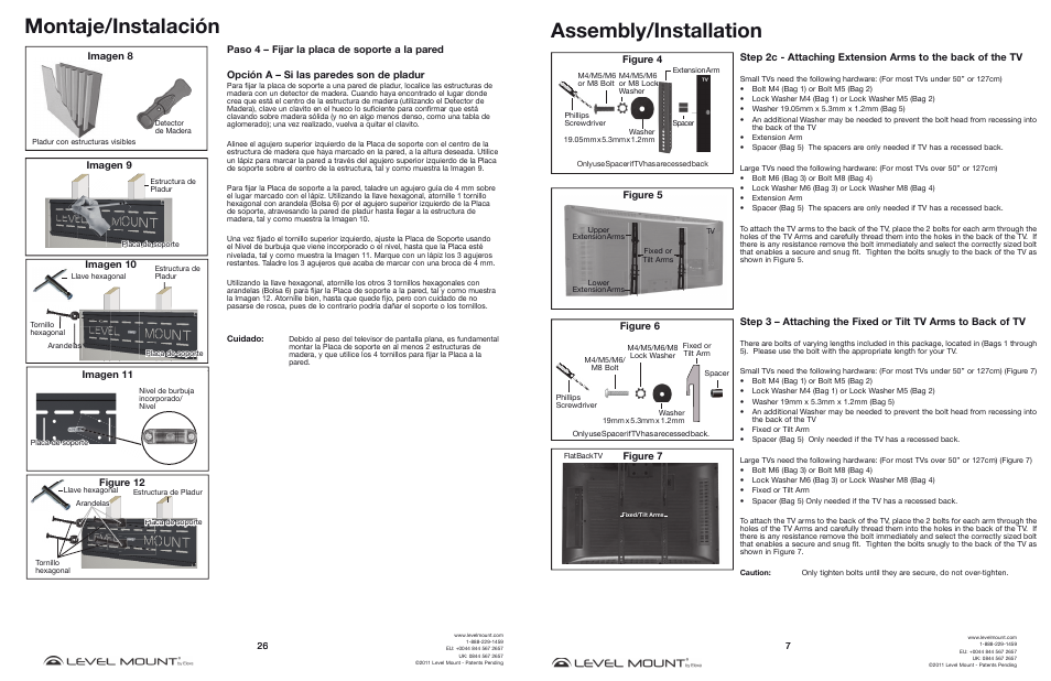 Montaje/instalación, Assembly/installation, Figure 4 | Figure 6, Figure 7, Figure 5 | Level Mount DC65T User Manual | Page 7 / 16
