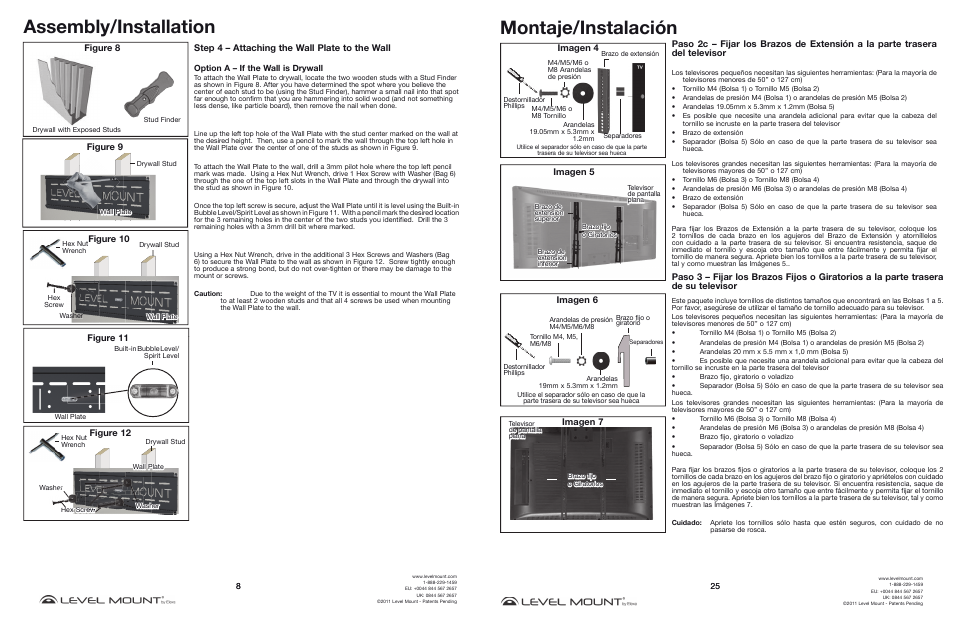 Assembly/installation, Montaje/instalación, Step 4 – attaching the wall plate to the wall | Figure 8, Figure 9, Figure 10, Figure 11, Figure 12, Imagen 4, Imagen 5 | Level Mount DC65T User Manual | Page 8 / 16
