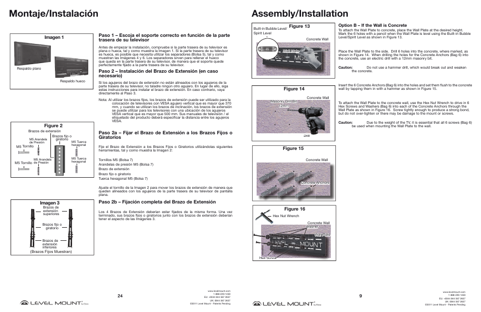 Montaje/instalación, Assembly/installation, Paso 2b – fijación completa del brazo de extensión | Figure 2, Imagen 1, Imagen 3, Figure 13, Figure 14 figure 15, Figure 16 | Level Mount DC65T User Manual | Page 9 / 16
