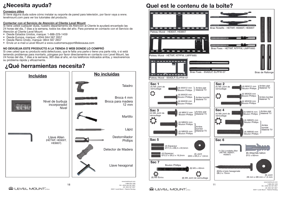 Necesita ayuda, Qué herramientas necesita, Quel est le contenu de la boîte | Incluidas, No incluidas | Level Mount DC65ADLP User Manual | Page 11 / 14