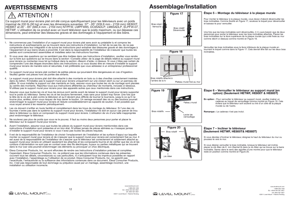 Attention ! avertissements, Assemblage/installation | Level Mount DC65ADLP User Manual | Page 12 / 14