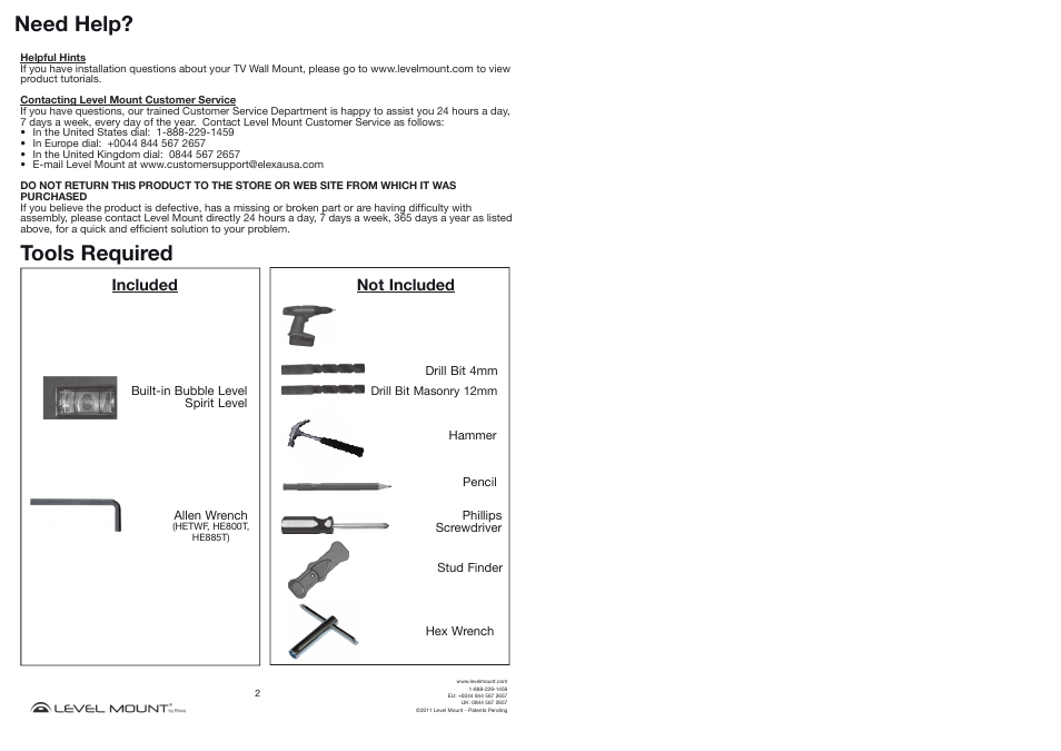 Need help, Tools required, Included | Not included | Level Mount DC65ADLP User Manual | Page 2 / 14