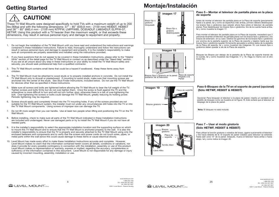 Caution! getting started, Montaje/instalación | Level Mount DC65ADLP User Manual | Page 4 / 14