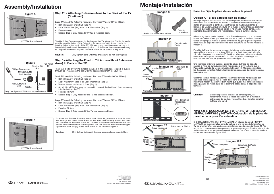 Assembly/installation, Montaje/instalación | Level Mount DC65ADLP User Manual | Page 6 / 14