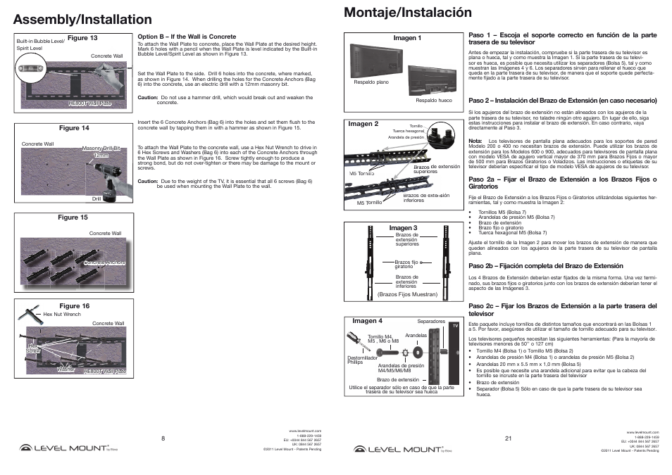 Assembly/installation, Montaje/instalación | Level Mount DC65ADLP User Manual | Page 8 / 14