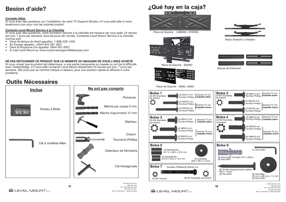 Outils nécessaires, Besion d’aide, Qué hay en la caja | Inclus, Ne sot pas compris | Level Mount MC55 User Manual | Page 10 / 14