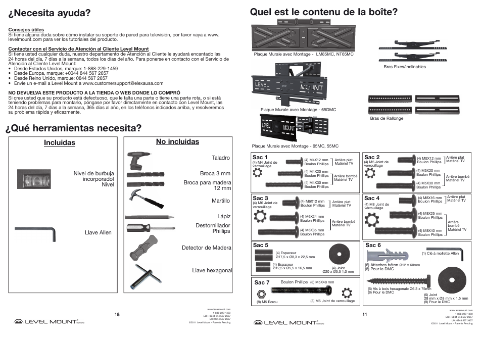 Necesita ayuda, Qué herramientas necesita, Quel est le contenu de la boîte | Incluidas, No incluidas | Level Mount MC55 User Manual | Page 11 / 14