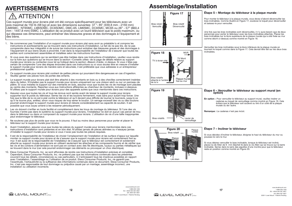 Attention ! avertissements, Assemblage/installation | Level Mount MC55 User Manual | Page 12 / 14