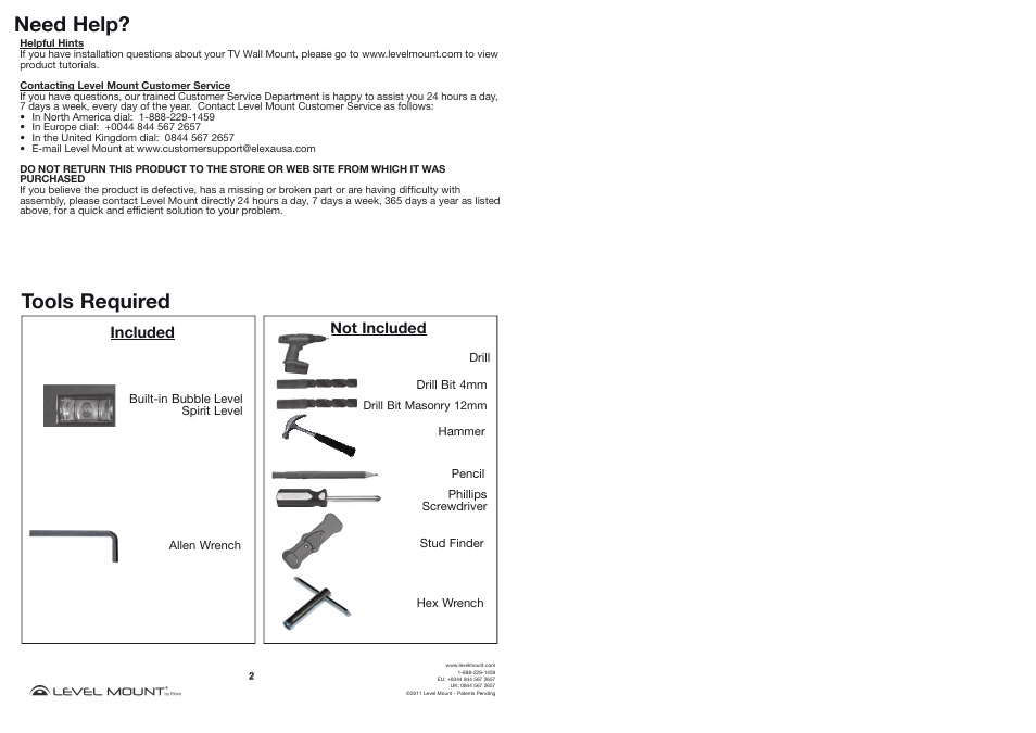 Need help, Tools required, Included | Not included | Level Mount MC55 User Manual | Page 2 / 14