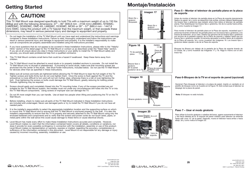 Caution! getting started, Montaje/instalación | Level Mount MC55 User Manual | Page 4 / 14