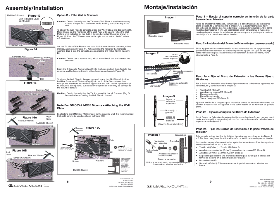 Assembly/installation, Montaje/instalación | Level Mount MC55 User Manual | Page 8 / 14