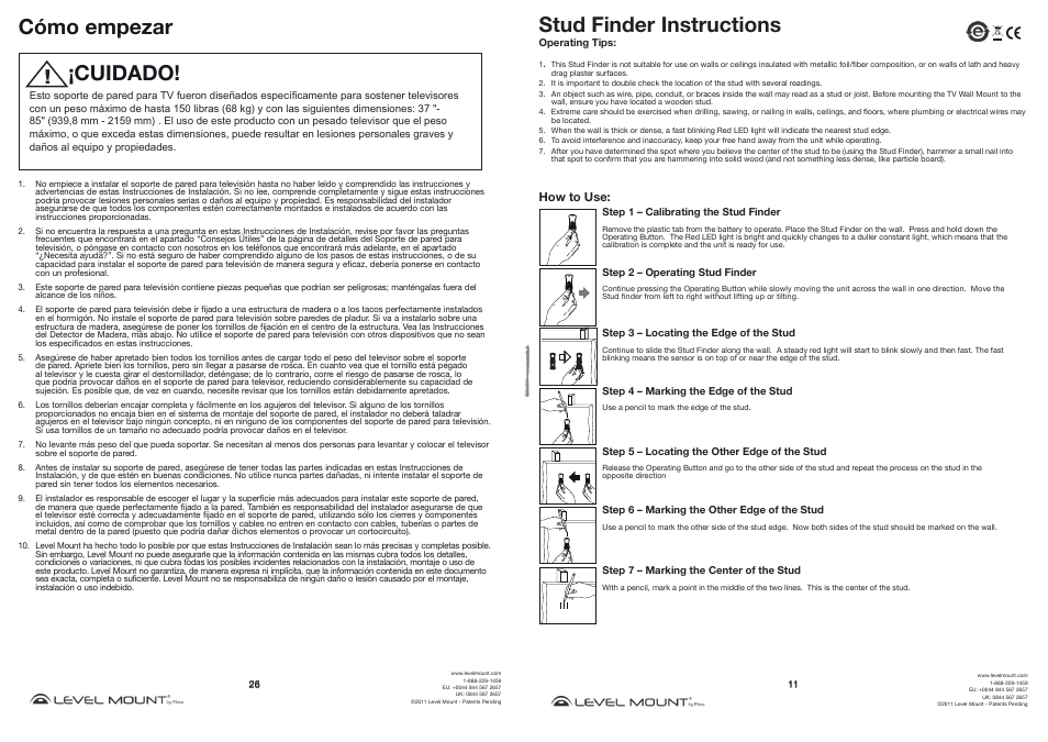 Cómo empezar, Cuidado, Stud finder instructions | Level Mount DMC85W User Manual | Page 11 / 18