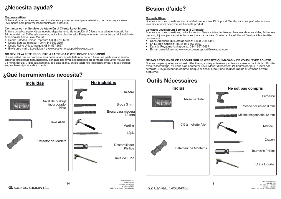 Necesita ayuda, Qué herramientas necesita, Outils nécessaires | Besion d’aide, Incluidas, No incluidas, Inclus | Level Mount DMC85W User Manual | Page 13 / 18