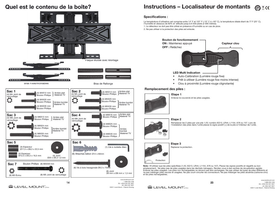 Quel est le contenu de la boîte, Instructions – localisateur de montants | Level Mount DMC85W User Manual | Page 14 / 18