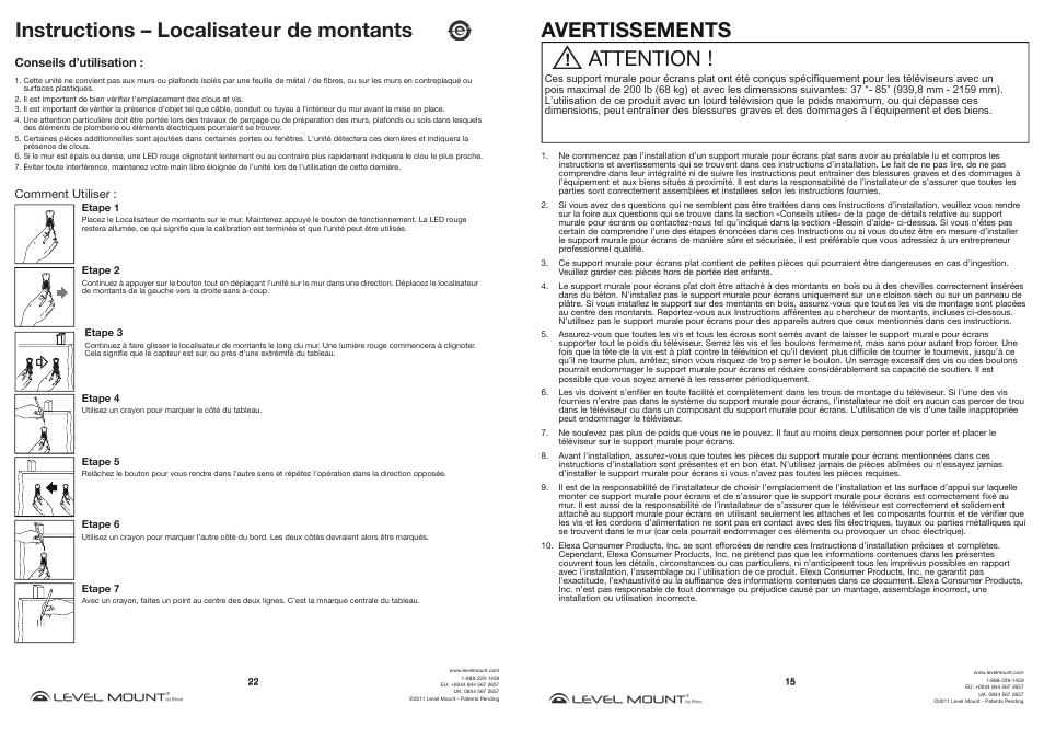 Instructions – localisateur de montants, Attention ! avertissements | Level Mount DMC85W User Manual | Page 15 / 18