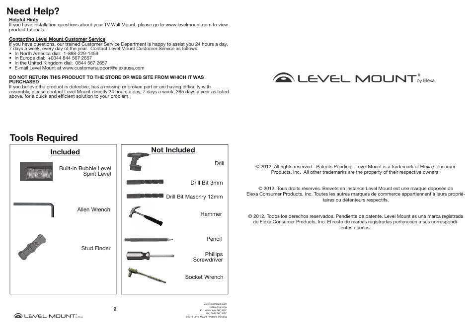 Need help, Tools required, Included | Not included | Level Mount DMC85W User Manual | Page 2 / 18