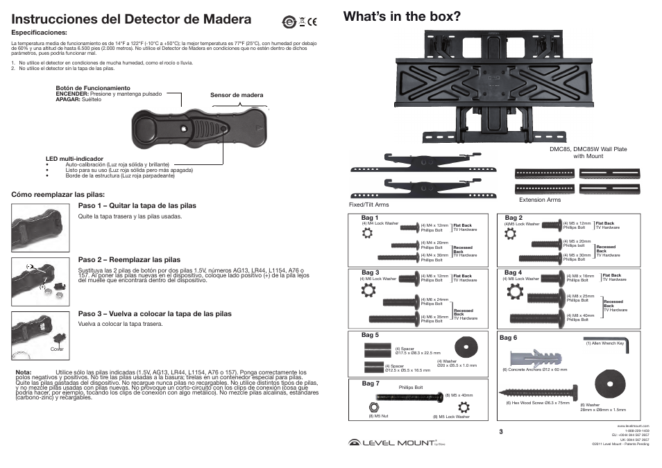 Instrucciones del detector de madera, What’s in the box | Level Mount DMC85W User Manual | Page 3 / 18