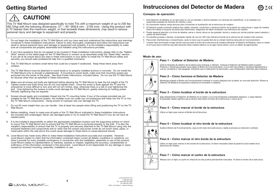 Caution! getting started, Instrucciones del detector de madera | Level Mount DMC85W User Manual | Page 4 / 18