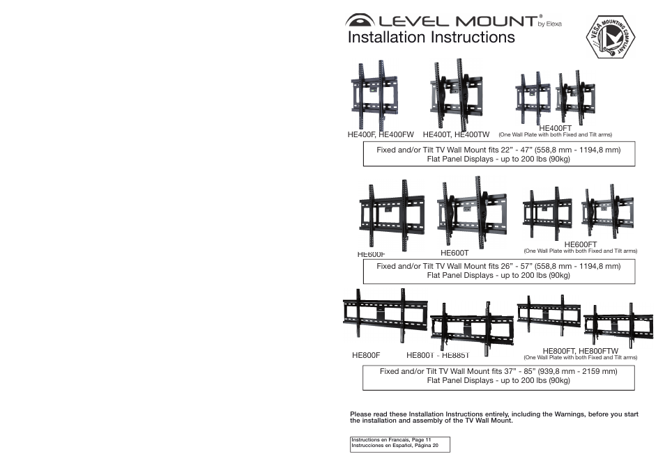 Level Mount HE400TW User Manual | 16 pages