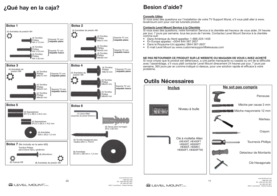 Qué hay en la caja, Outils nécessaires, Besion d’aide | Inclus, Ne sot pas compris | Level Mount HE400TW User Manual | Page 11 / 16