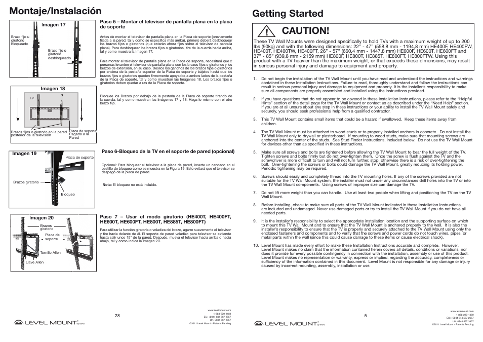Montaje/instalación, Caution! getting started | Level Mount HE400TW User Manual | Page 5 / 16