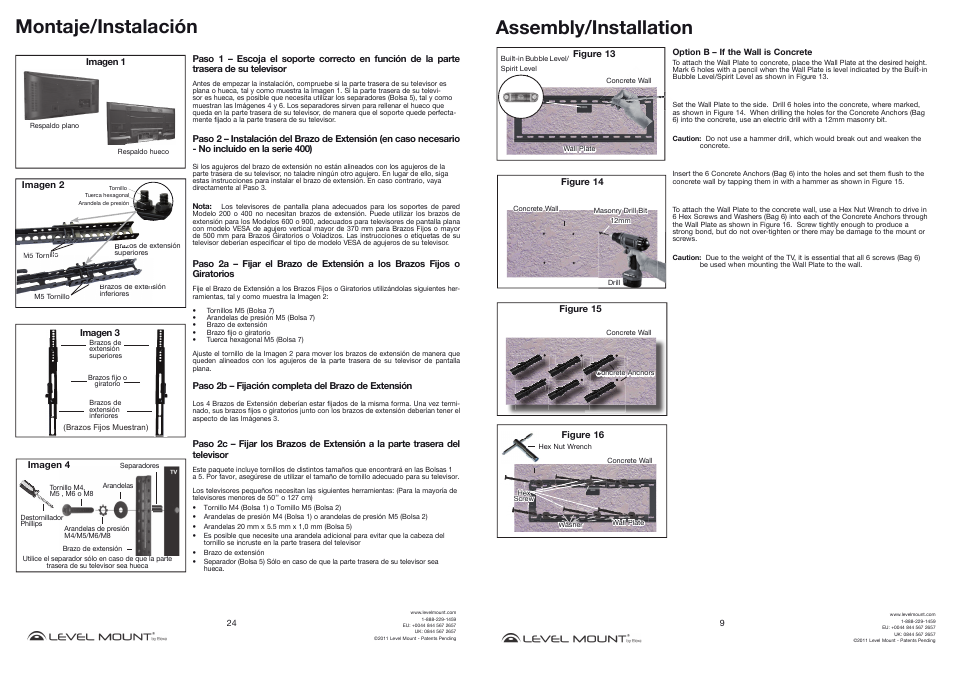Montaje/instalación, Assembly/installation | Level Mount HE400TW User Manual | Page 9 / 16