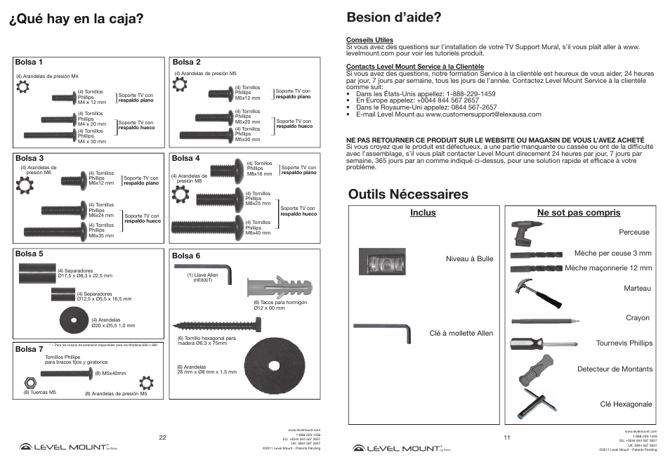 Qué hay en la caja, Besion d’aide, Outils nécessaires | Ne sot pas compris, Inclus | Level Mount HETWF User Manual | Page 11 / 16