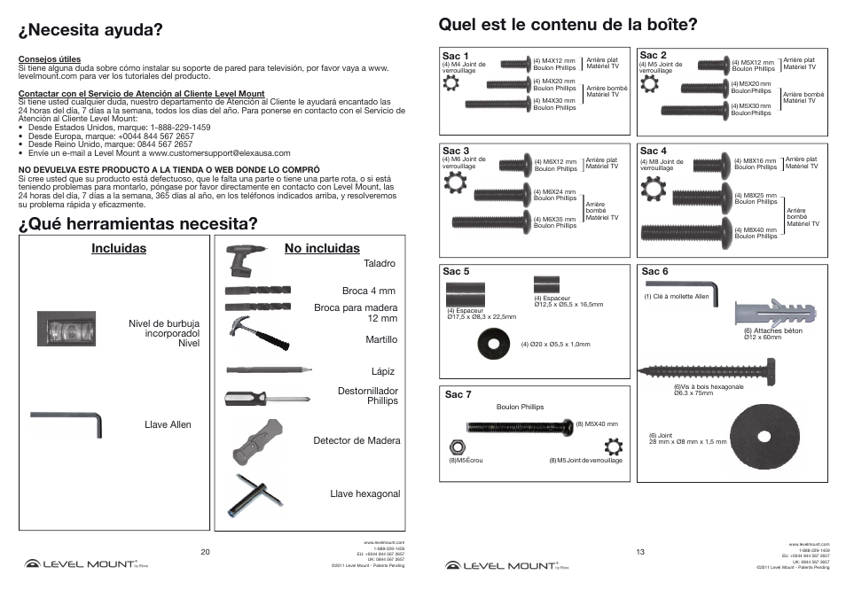 Necesita ayuda, Qué herramientas necesita, Quel est le contenu de la boîte | Incluidas, No incluidas | Level Mount HETWF User Manual | Page 13 / 16