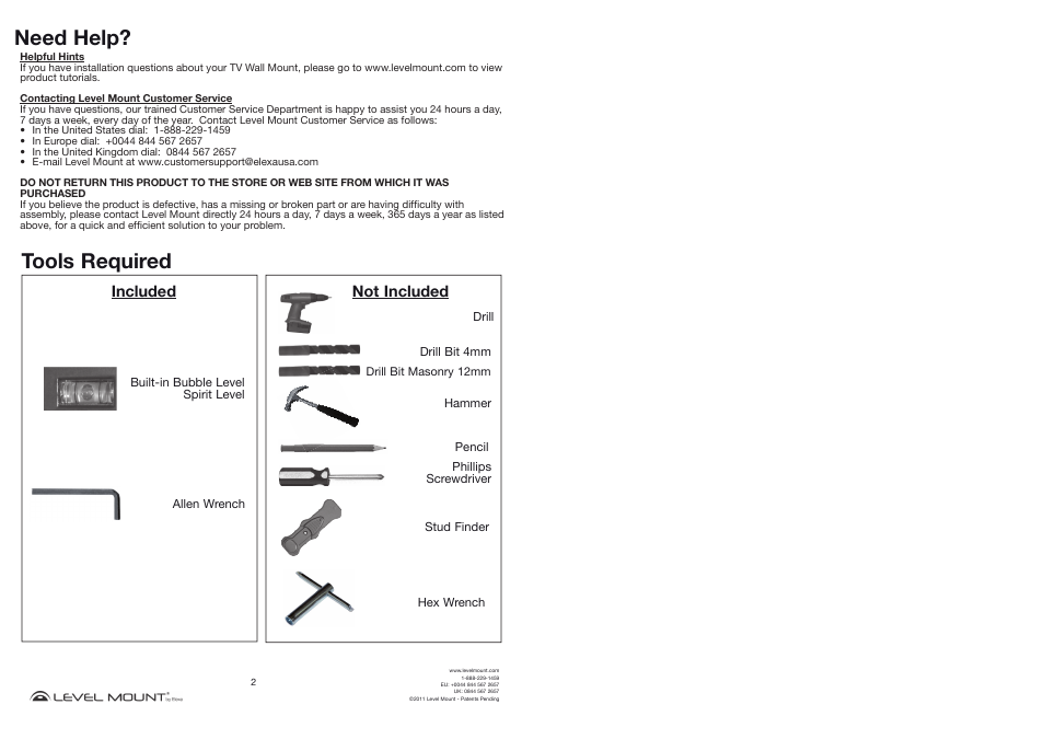 Need help, Tools required, Included | Not included | Level Mount HETWF User Manual | Page 2 / 16