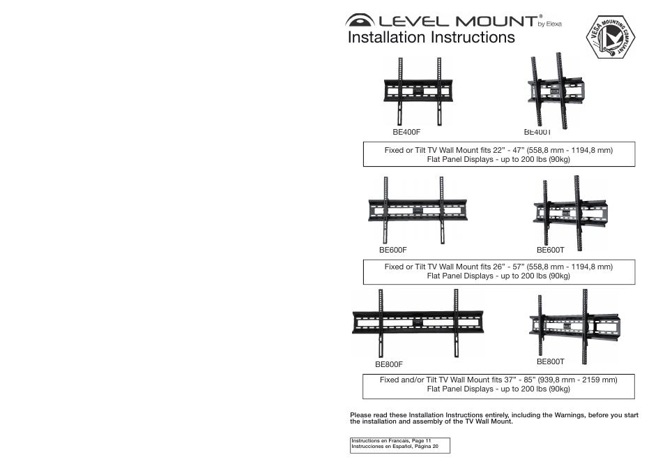 Level Mount BE800T User Manual | 16 pages