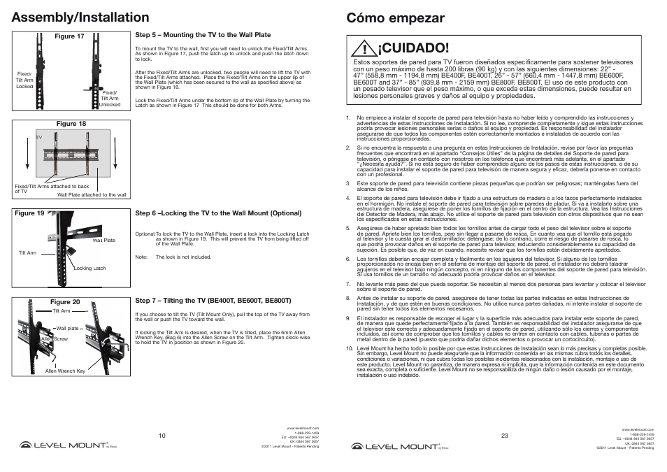 Assembly/installation, Cómo empezar, Cuidado | Level Mount BE800T User Manual | Page 10 / 16