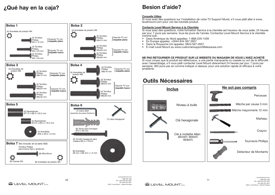 Qué hay en la caja, Outils nécessaires, Besion d’aide | Inclus, Ne sot pas compris | Level Mount BE800T User Manual | Page 11 / 16