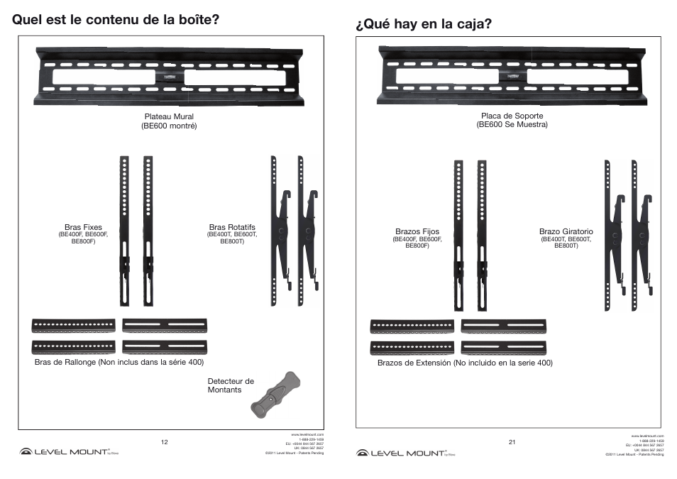 Quel est le contenu de la boîte, Qué hay en la caja | Level Mount BE800T User Manual | Page 12 / 16