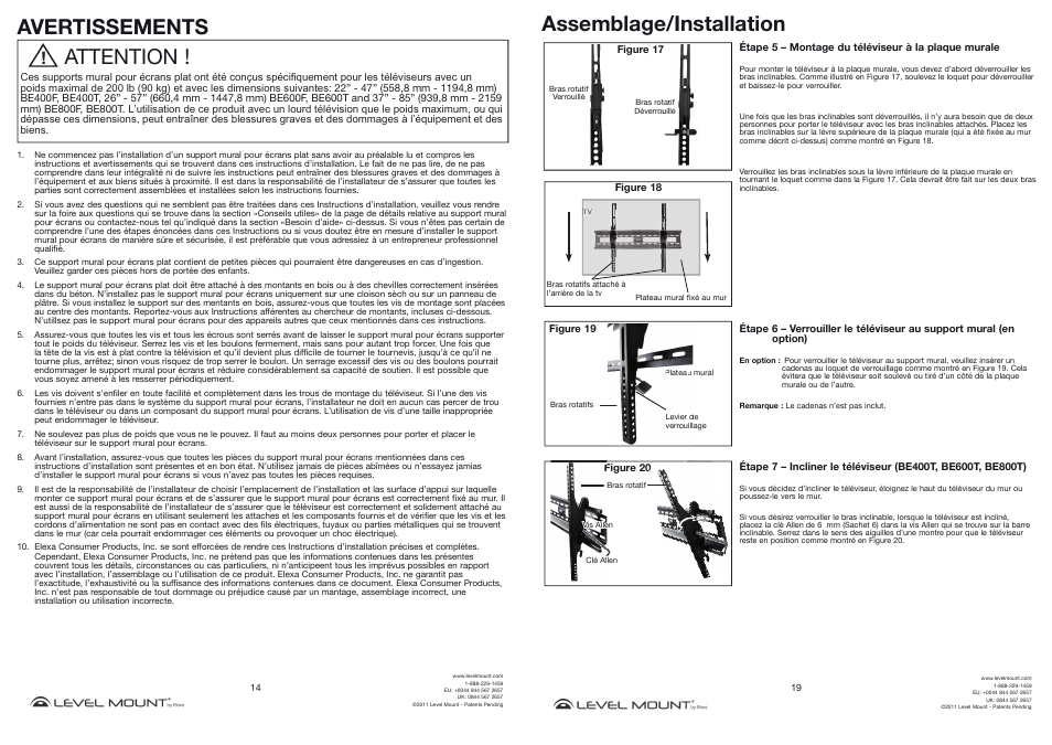 Attention ! avertissements, Assemblage/installation | Level Mount BE800T User Manual | Page 14 / 16