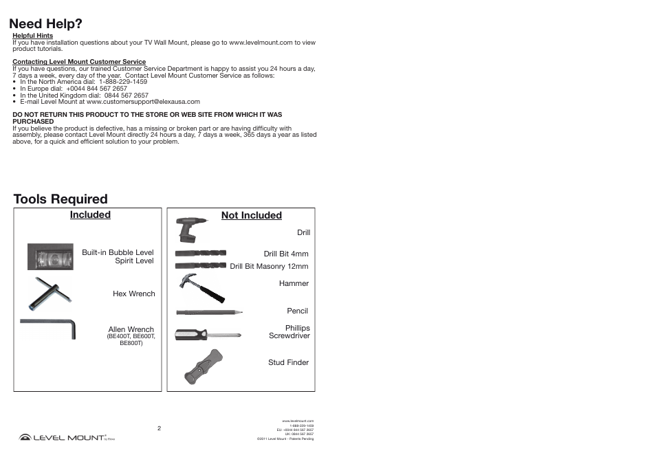Need help, Tools required, Included | Not included | Level Mount BE800T User Manual | Page 2 / 16