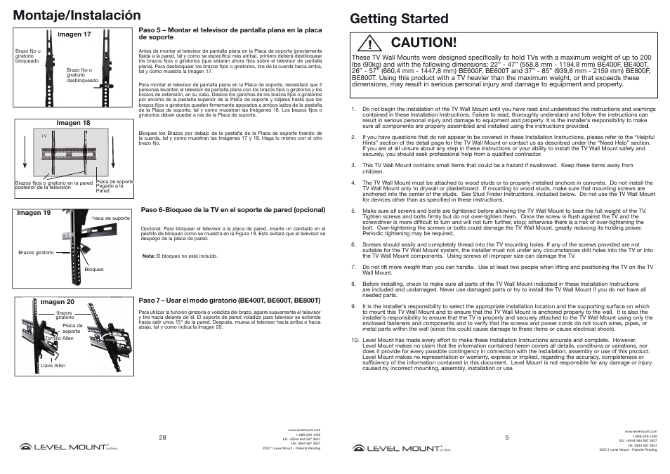 Montaje/instalación, Caution! getting started | Level Mount BE800T User Manual | Page 5 / 16