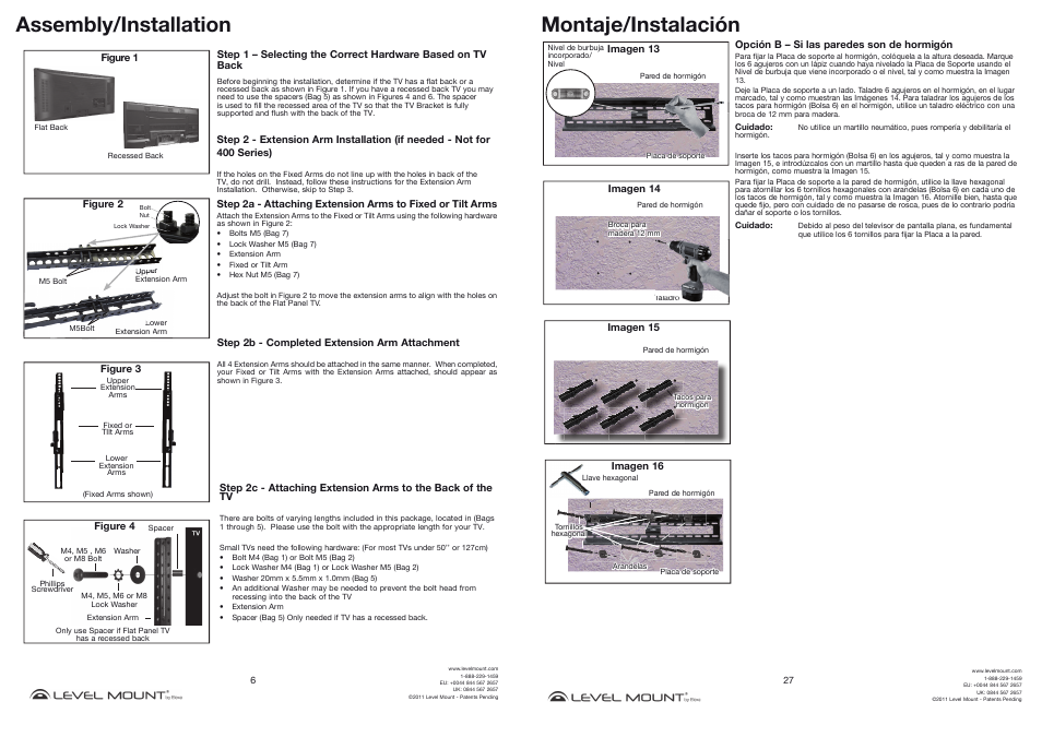 Assembly/installation, Montaje/instalación | Level Mount BE800T User Manual | Page 6 / 16