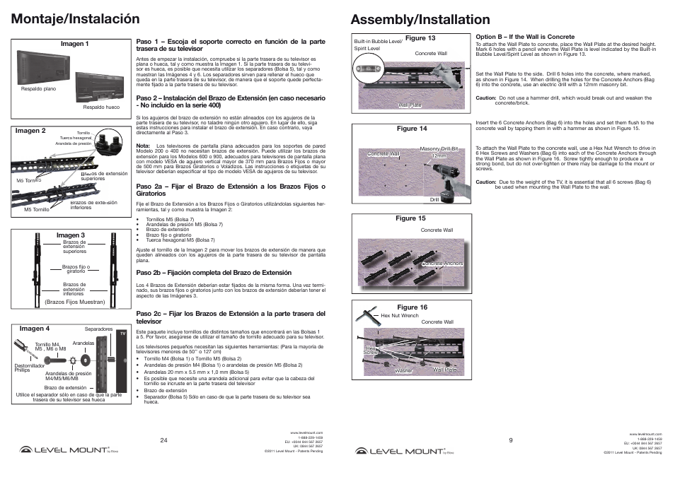 Montaje/instalación, Assembly/installation | Level Mount BE800T User Manual | Page 9 / 16