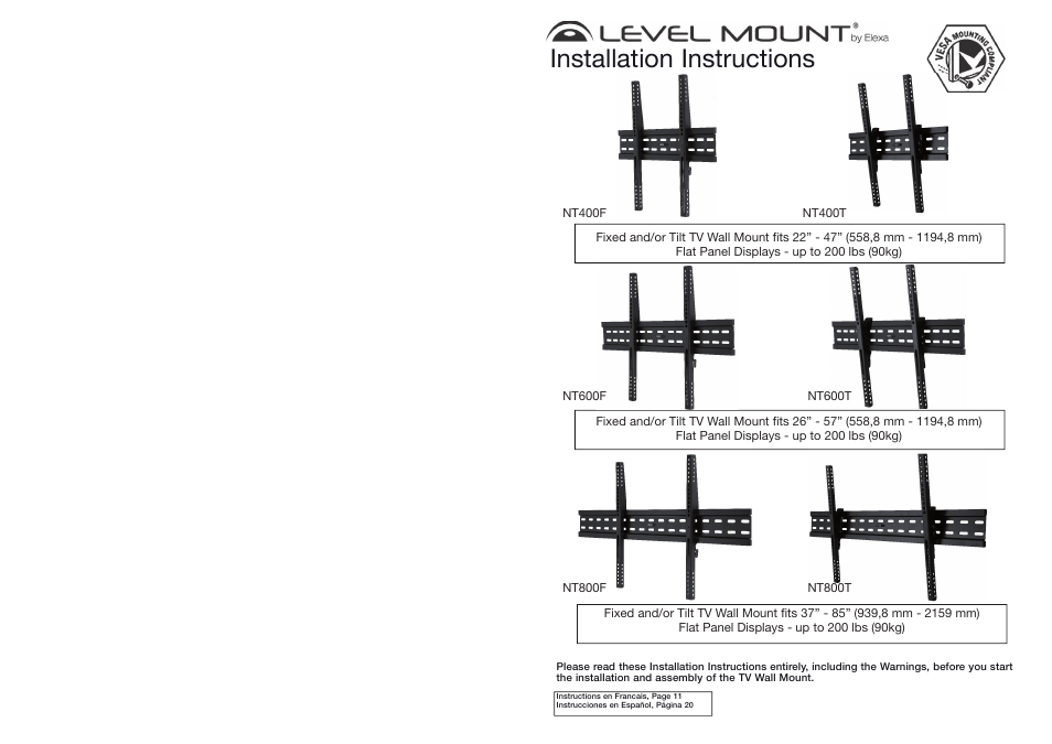 Level Mount NT800T User Manual | 16 pages
