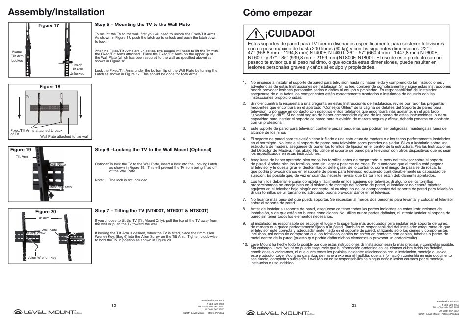Assembly/installation, Cómo empezar, Cuidado | Level Mount NT800T User Manual | Page 10 / 16