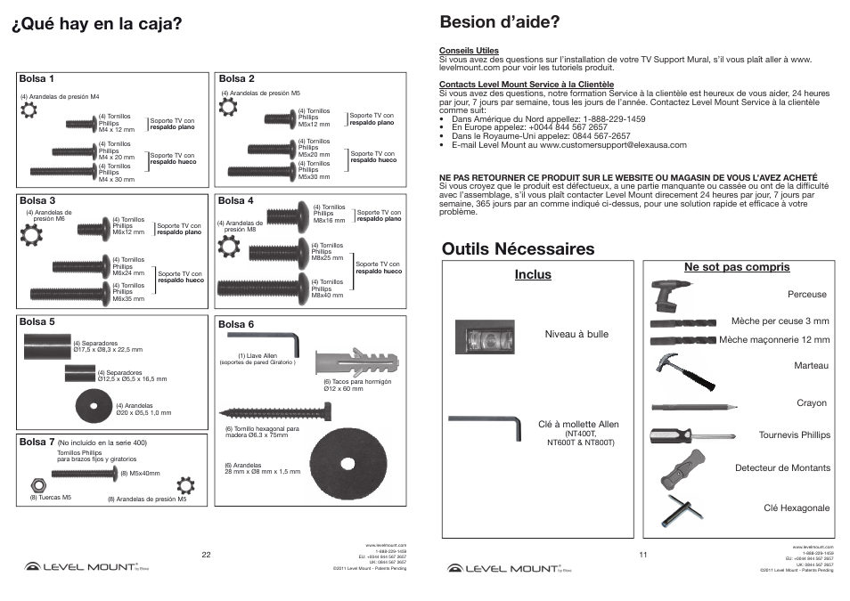 Qué hay en la caja, Outils nécessaires, Besion d’aide | Inclus, Ne sot pas compris | Level Mount NT800T User Manual | Page 11 / 16