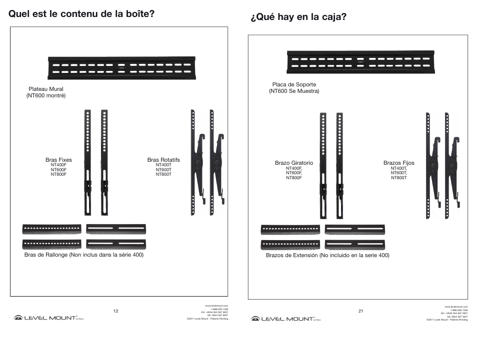 Quel est le contenu de la boîte, Qué hay en la caja | Level Mount NT800T User Manual | Page 12 / 16