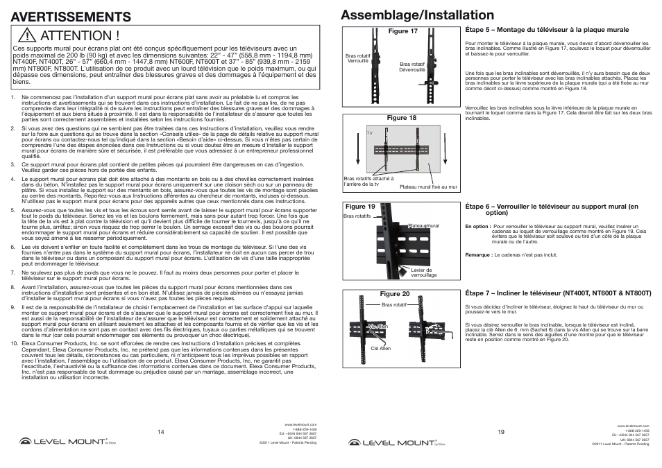 Attention ! avertissements, Assemblage/installation | Level Mount NT800T User Manual | Page 14 / 16