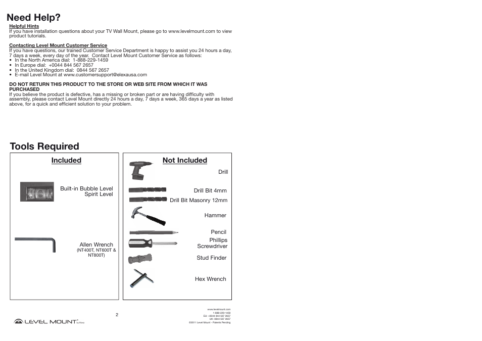 Need help, Tools required, Included | Not included | Level Mount NT800T User Manual | Page 2 / 16