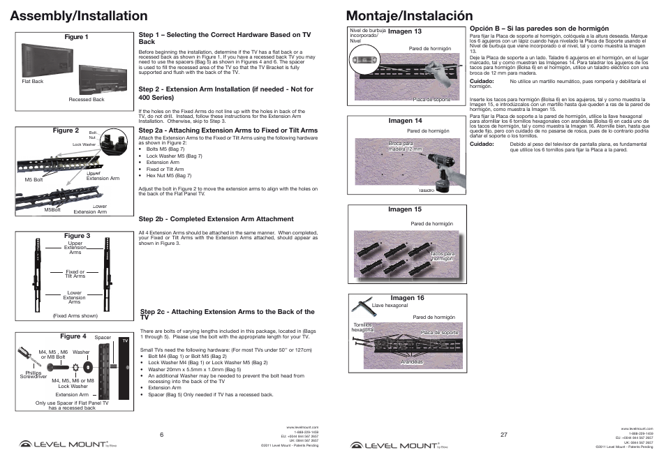 Assembly/installation, Montaje/instalación | Level Mount NT800T User Manual | Page 6 / 16