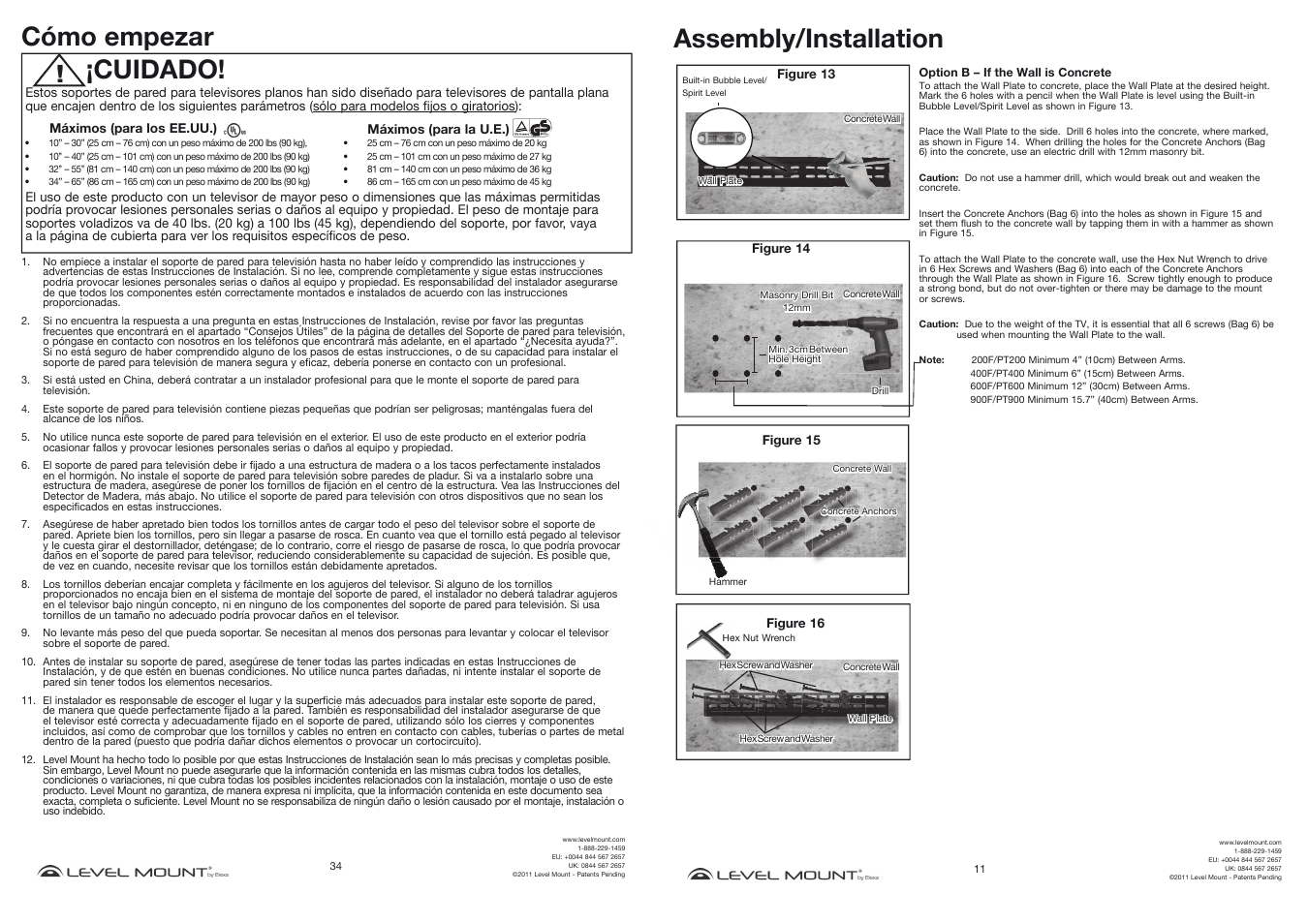 Cómo empezar, Cuidado, Assembly/installation | Level Mount PT900 User Manual | Page 11 / 22